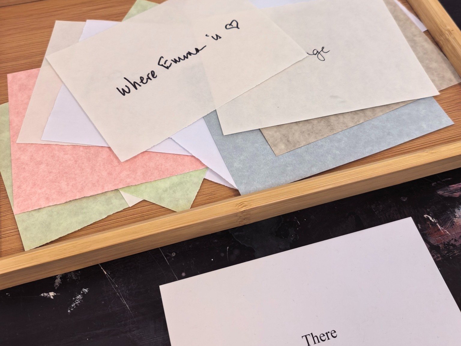 The handwritten contribution “Where Emma is” resting among other slips in the There tray.